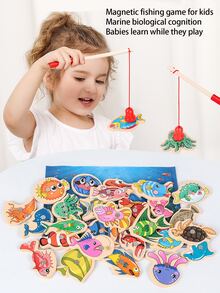1pc 31 Fishes Magnetic Wooden Fishing Toy Set For Kids Brain Teaser Game In Wooden Box, Educational Toy For Baby To Learn Numbers And Shapes Through Colorful Fish Playing Game - Multicolor - View 8