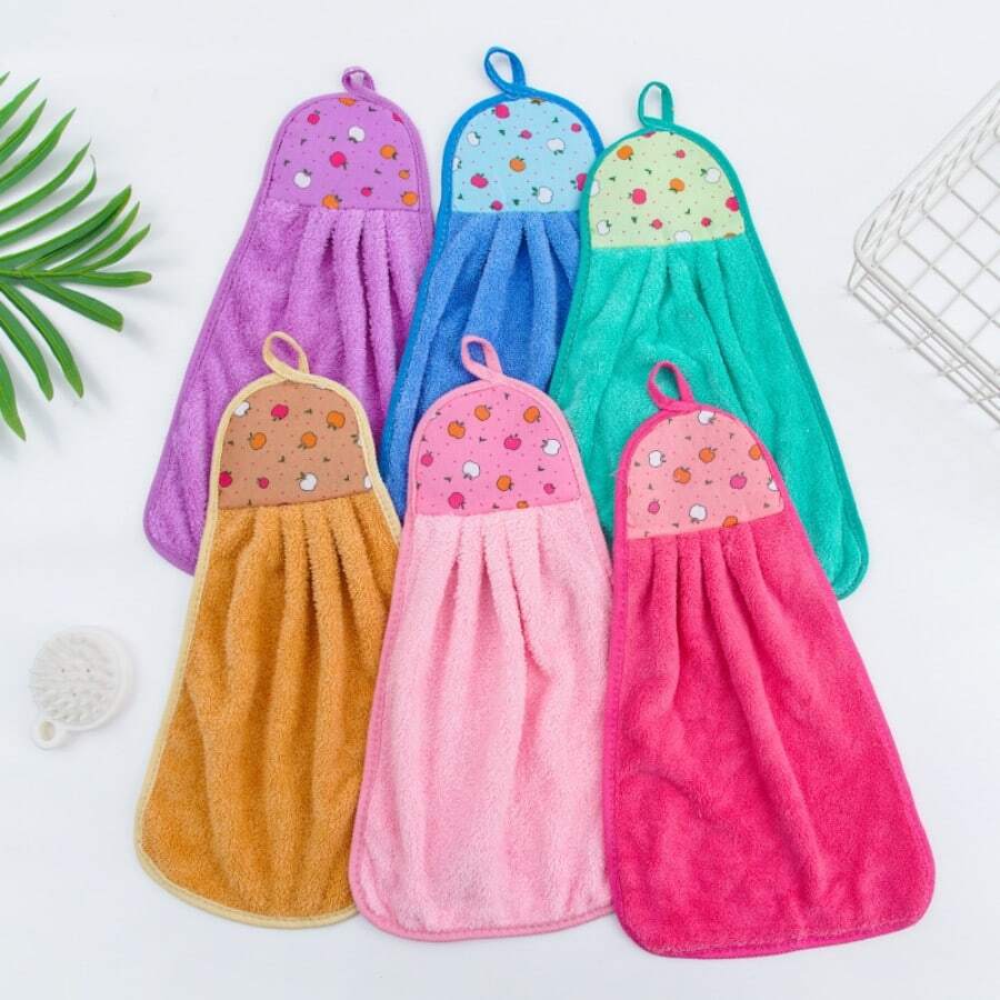 兒童掛式毛巾,可愛的卡通純色珊瑚絨高吸水速干廚房手巾 - 咖啡棕 - 查看 1