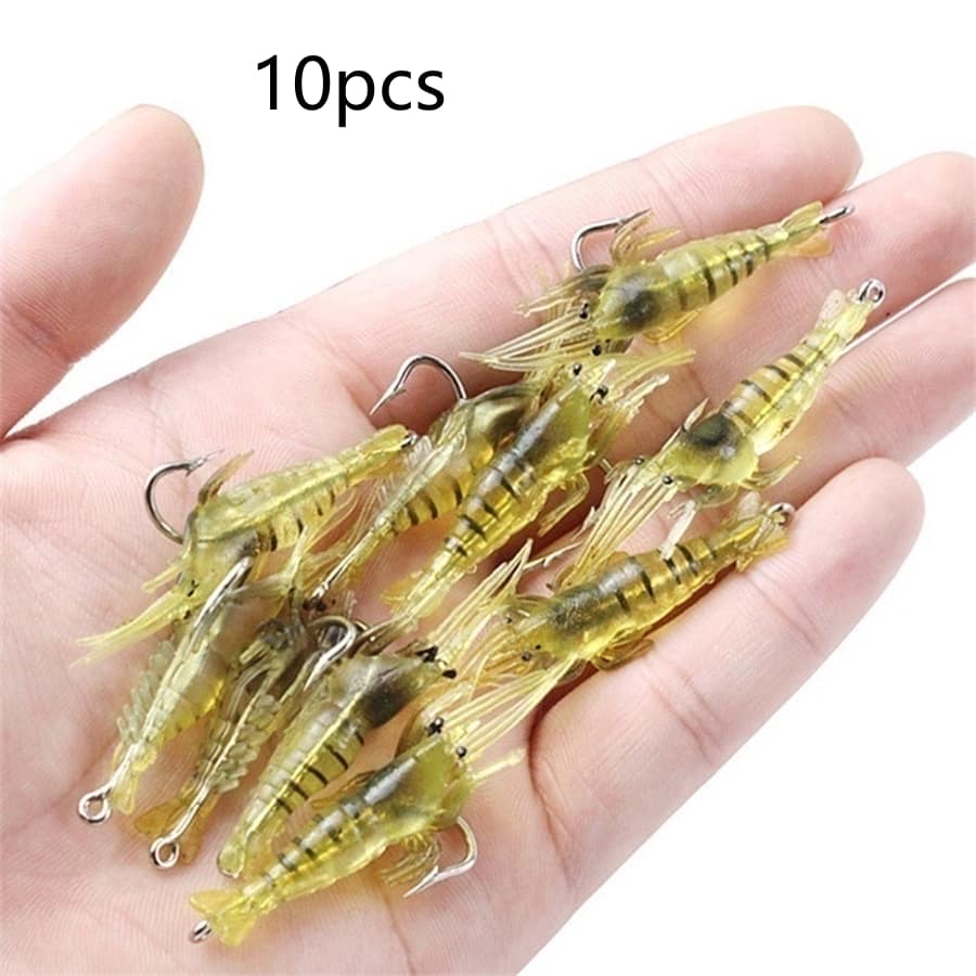 10 cái Mềm mại Con tôm Với móc Nhân tạo Silicone Mồi câu cá Bass - Màu vàng - Xem 1