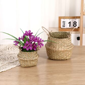 Single Piece Is Also Available!2 Pieces Handwoven Mini Seagrass Baskets (13cm & 16cm)| Compact, Exquisite & Portable Ins-Style Organizer | Scandinavian Minimalist Collapsible Woven Flower Pot / Handheld Rattan Storage Basket For Faux Plants
