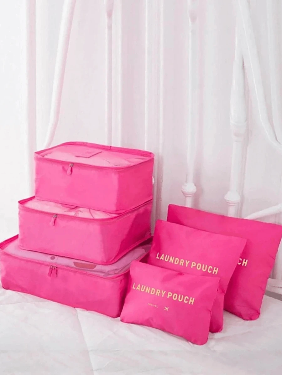 Bộ 6 túi đựng đồ bằng Polyester, Túi đựng đồ du lịch họa tiết chữ cái hiện đại cho gia đình và du lịch, Quà tặng ngày lễ tình nhân cho túi đựng đồ du lịch, Túi đựng đồ trang điểm, Túi đựng mỹ phẩm, Túi đựng đồ đi nghỉ, Túi đựng đồ trang điểm dung tích lớn, Đựng son môi, cọ, đồ chăm sóc da, điện thoại di động, tiền xu, đồ dùng nhỏ, Dùng cho gia đình, Quà tặng, Kỳ nghỉ và lễ hội Halloween Giáng sinh Đa chức năng, Phong cách Boho - Màu Hồng Tươi - Xem 1