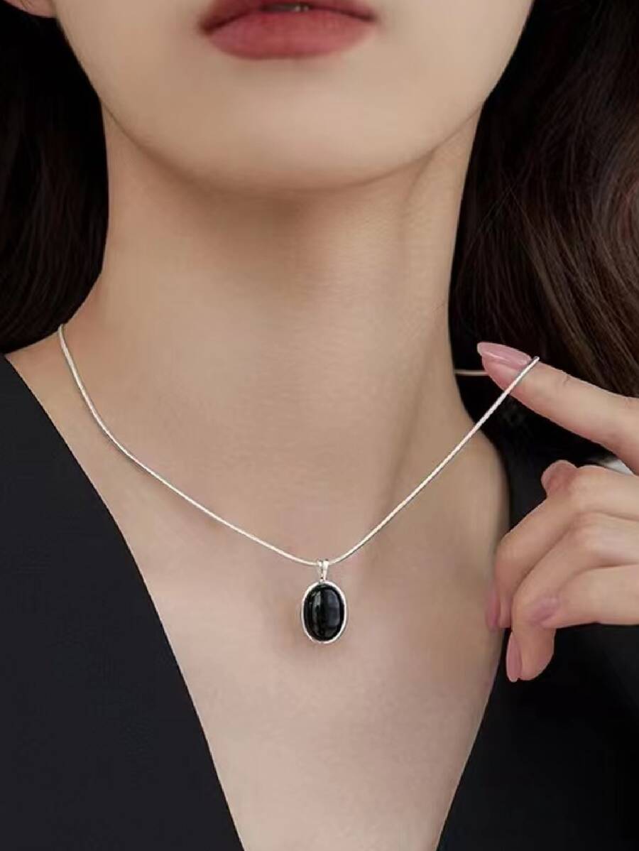 時尚黑色寶石鈦鋼吊墜項鍊 - 黑色 - 查看 1