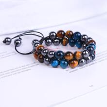 3保護手環8mm赤鐵礦黑色瑪瑙眼睛石頭手環水晶首飾類康復釘珠手鍊適合男士,和幸福 - 8MM三珠 - 查看 5