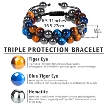 3保護手環8mm赤鐵礦黑色瑪瑙眼睛石頭手環水晶首飾類康復釘珠手鍊適合男士,和幸福 - 8MM三珠 - 查看 2
