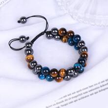 3保護手環8mm赤鐵礦黑色瑪瑙眼睛石頭手環水晶首飾類康復釘珠手鍊適合男士,和幸福 - 8MM三珠 - 查看 4