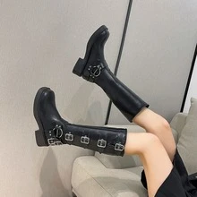 Boots women's western cowboy boots women's retro tall metal belt buckle square toe knight boots - 黑色 - 查看 2