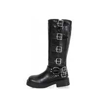 Boots women's western cowboy boots women's retro tall metal belt buckle square toe knight boots - 黑色 - 查看 3