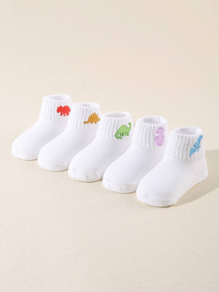 Bebé 5 pares Calcetines hasta mitad de pantorrilla de colores con bordado animal - Blanco - Ver 2