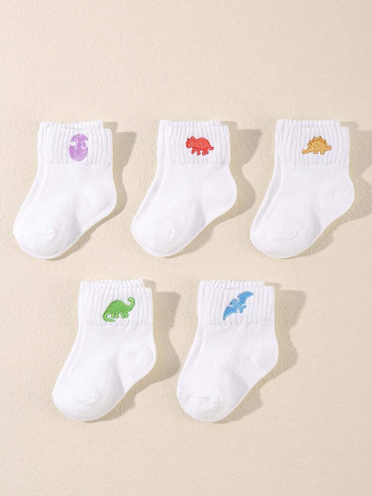 Bebé 5 pares Calcetines hasta mitad de pantorrilla de colores con bordado animal - Blanco - Ver 1
