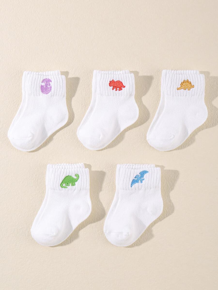 5pairs Baby Colored Embroidered Animal Mid-calf Socks - White - View 1