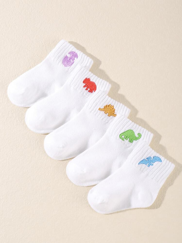 Bebé 5 pares Calcetines hasta mitad de pantorrilla de colores con bordado animal - Blanco - Ver 4
