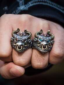1pc Bull Head Design Edgy Statement Ring Suitable For Daily Wear For Men - Red - View 4