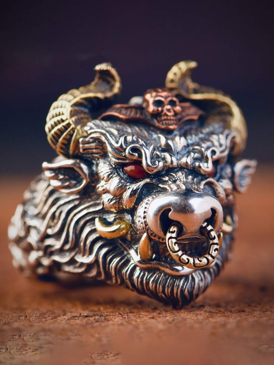 1pc Bull Head Design Edgy Statement Ring Suitable For Daily Wear For Men - Red - View 1