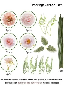 26入組織物人造玫瑰,牡丹,大麗花,滿天星,水果花頭配件套裝,1套 - 粉色 - 查看 3