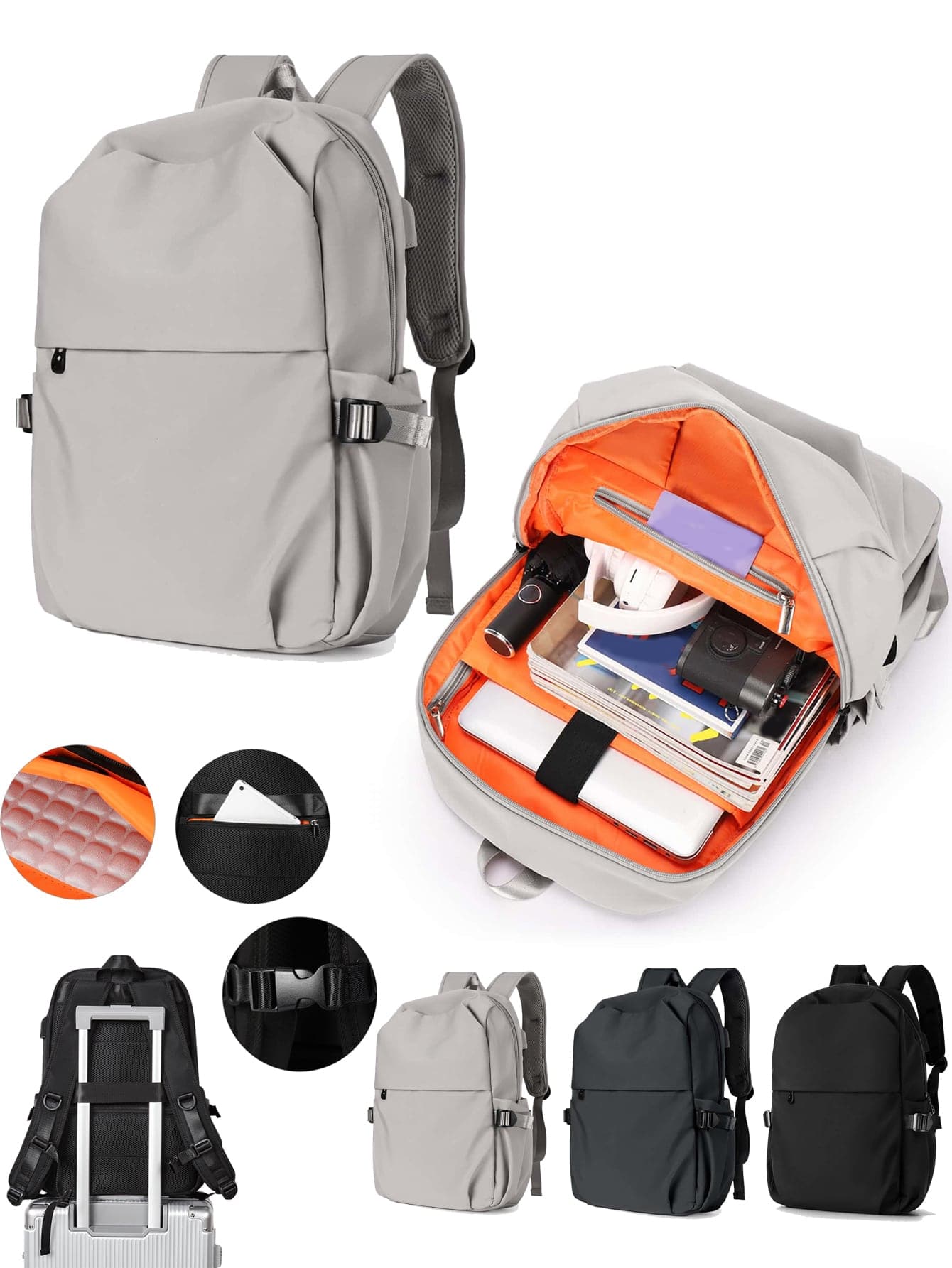 後背包適合女士,簡約風和大容量旅行後背包適合女士,閒暇日本初中學生,中學學生,後背包適合男士,15.6英寸電腦包,防水材料 - 淺灰色 - 查看 1