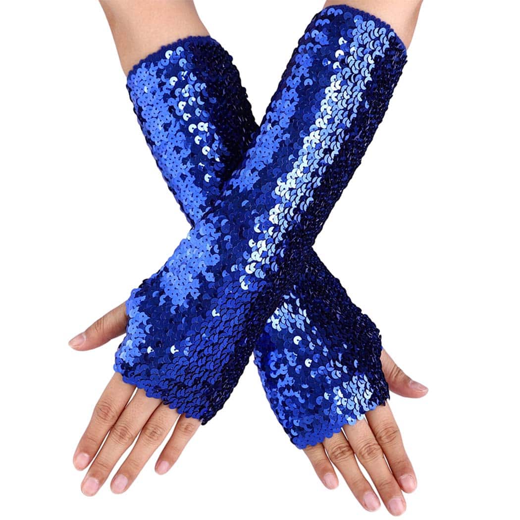 Victray Fashion Gloves Sequins Gloves Elastic Fingerless Gloves Rave Party Gloves Costume Accessories for Women and Girls - 寶藍色 - 查看 1
