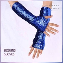 Victray Fashion Gloves Sequins Gloves Elastic Fingerless Gloves Rave Party Gloves Costume Accessories for Women and Girls - 寶藍色 - 查看 3