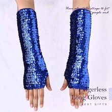 Victray Fashion Gloves Sequins Gloves Elastic Fingerless Gloves Rave Party Gloves Costume Accessories for Women and Girls - 寶藍色 - 查看 5