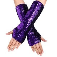 Victray Fashion Gloves Sequins Gloves Elastic Fingerless Gloves Rave Party Gloves Costume Accessories for Women and Girls - 紫色 - 查看 1