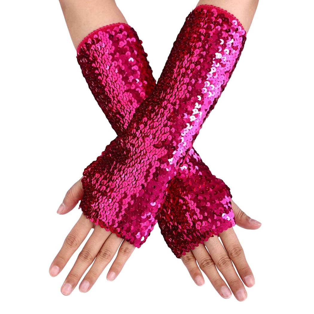 Victray Fashion Gloves Sequins Gloves Elastic Fingerless Gloves Rave Party Gloves Costume Accessories for Women and Girls - 玫紅色 - 查看 1