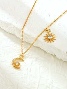 1入組時尚925 銀太陽&月亮吊墜項鍊帶氧化鋯裝飾用品適用於女性每天穿戴 - 彩色 - 查看 2