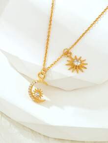 1入組時尚925 銀太陽&月亮吊墜項鍊帶氧化鋯裝飾用品適用於女性每天穿戴 - 彩色 - 查看 3