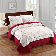 3 Pcs Embroidered Quilt Queen King Size Floral Bedspread Soft Breathable Flower Coverlet Burgundy White Bed Cover Embroidered Bedding Christmas Bed Home Decor - Red and White - View 1