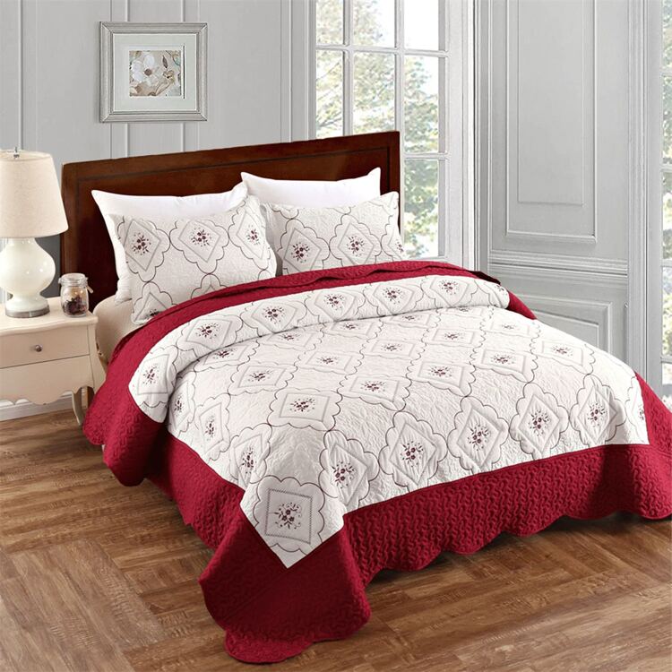 3 Pcs Embroidered Quilt Queen King Size Floral Bedspread Soft Breathable Flower Coverlet Burgundy White Bed Cover Embroidered Bedding Christmas Bed Home Decor - 紅白色 - 查看 1