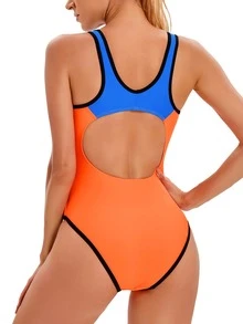 Colourblock One-Piece Swimsuit Triangle Sports Women's Orange Large Size Backless - Orange - View 4