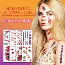 30入組萬聖節傷疤圖案紋身貼紙,3D假紋身貼紙適用於臉部