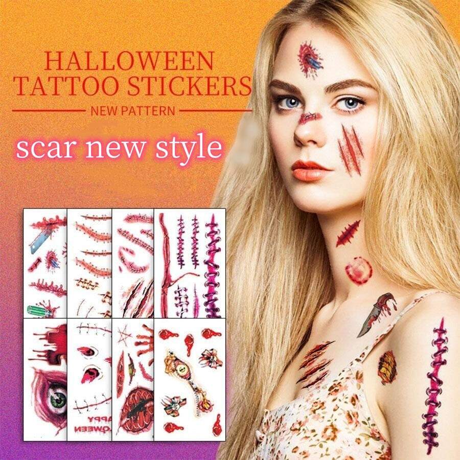 30入組萬聖節傷疤圖案紋身貼紙,3D假紋身貼紙適用於臉部
