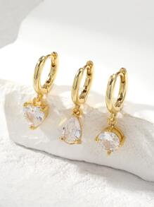 3入組金色鍍圓形心水公主方形切割透明方晶鋯石淚滴懸垂耳環適合女士低過敏性 - 金黃色 - 查看 4