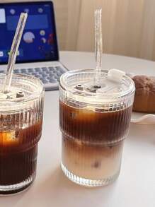 1pc Striped Glass Tumbler With Lid & Straw, Summer Iced Americano & Latte Drinking Cup - Clear - View 1