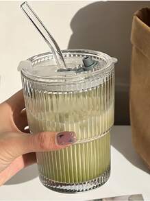 1pc Striped Glass Tumbler With Lid & Straw, Summer Iced Americano & Latte Drinking Cup - Clear - View 3