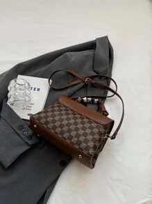 時尚拼接顏色PU皮革托特包帶絲巾裝飾用品 - 棕色 - 查看 4