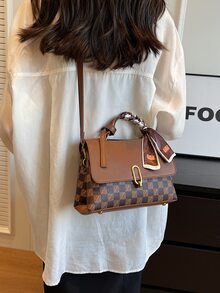 時尚拼接顏色PU皮革托特包帶絲巾裝飾用品 - 棕色 - 查看 3