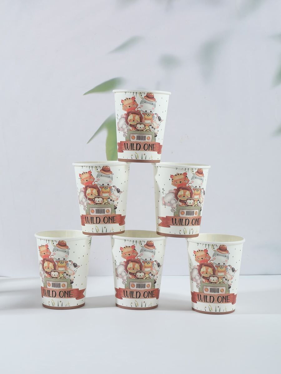 20 piezas Vasos desechables de papel de 9oz/250ml con diseño de animales salvajes de dibujos animados para fiestas y uso diario, Navidad - Multicolor - Ver 1