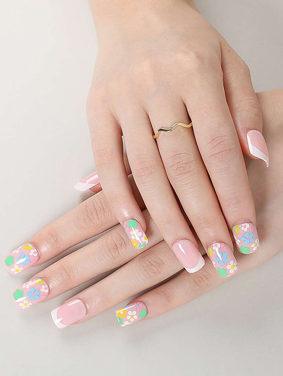 Nâng tầm phong cách của bạn với 24 móng tay giả hình vuông dài màu trắng họa tiết hoa Pháp & 1 dũa móng tay & 1 tờ băng dính dán móng tay - Nhiều màu - Xem 1