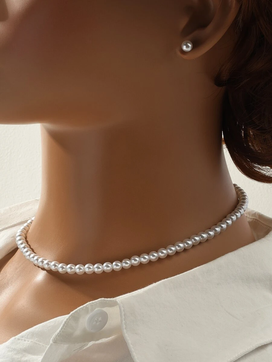 1 套珍珠项链、耳环，适合度假，包括项链和耳环（不同尺寸和数量） - 白色 - 查看 1