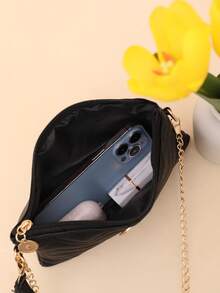 con patrón de onda Hilo de bordar con cadena con tira Bolso cuadrado bandolera - Negro - Ver 6
