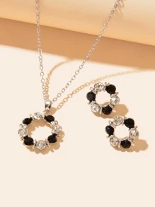 3pcs Tròn Đen & Trắng Pha lê Vật rủ xuống Dây chuyền Và Đen & Trắng Pha lê Bông tai stud - Đen và trắng - Xem 2