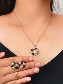 3pcs Tròn Đen & Trắng Pha lê Vật rủ xuống Dây chuyền Và Đen & Trắng Pha lê Bông tai stud - Đen và trắng - Xem 3