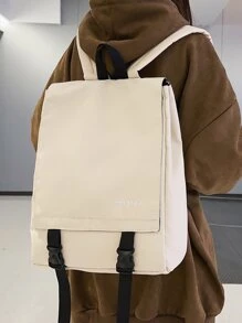 Ins風防水便條封閉式工裝日系背包,為大學生設計的純色休閒旅行包 - 米色 - 查看 5