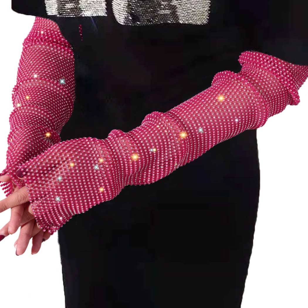Victray Rhinestone Fingerless Gloves Stretch Fishnet Gloves Elbow Glove Party Rave Bling Costume Gloves for Women and Girls - Màu Hồng Tươi - Xem 1