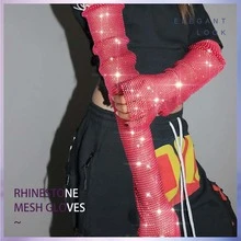 Victray Rhinestone Fingerless Gloves Stretch Fishnet Gloves Elbow Glove Party Rave Bling Costume Gloves for Women and Girls - Màu Hồng Tươi - Xem 3