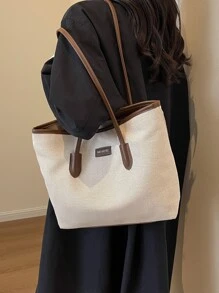 大容量彩色手提包，适合大学教室使用，时尚拉链托特包，吸睛女士工作包 - 棕色 - 查看 2