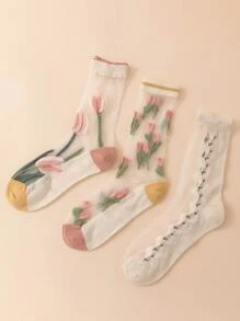 3 pares Calcetines de tripulación con patrón floral