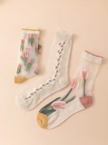 3 pares Calcetines de tripulación con patrón floral
