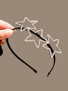 1件装女士极简主义星星水钻装饰金属压纹防滑发箍，适合日常佩戴，街头风，发箍，发圈，头饰，发饰 - 黑色 - 查看 3