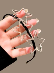 1件装女士极简主义星星水钻装饰金属压纹防滑发箍，适合日常佩戴，街头风，发箍，发圈，头饰，发饰 - 黑色 - 查看 4